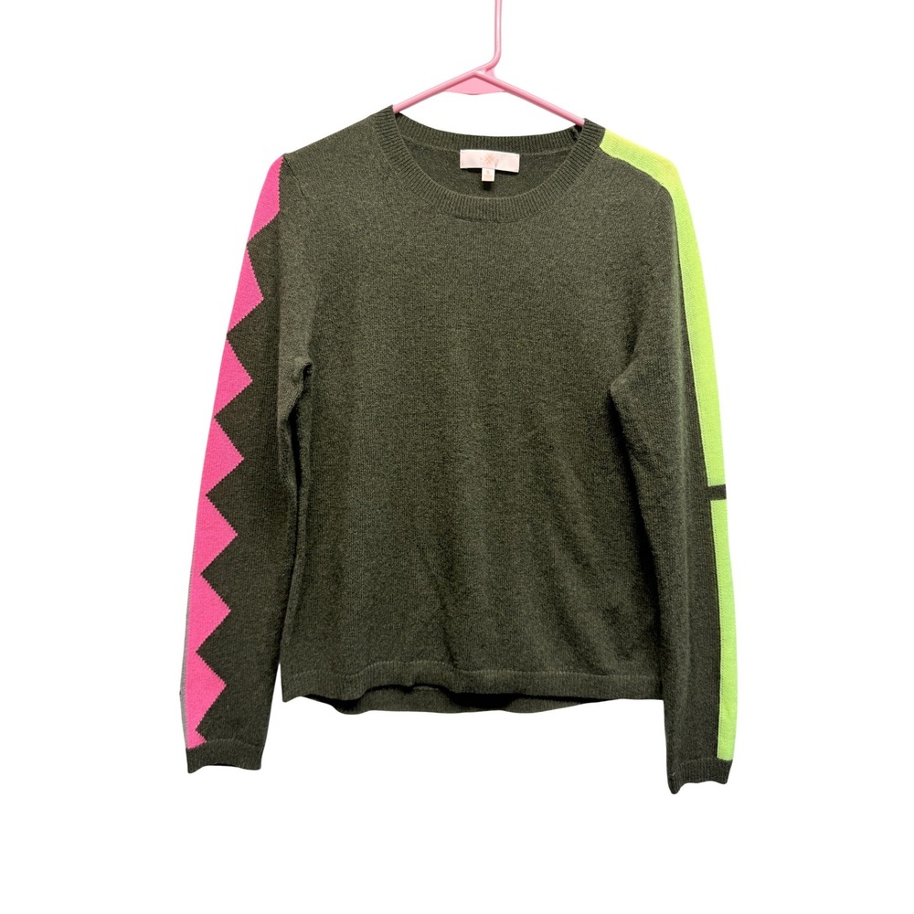Lisa Todd Cashmere Sweater Argyle Sleeve Gray Pink‎ Green Small READ